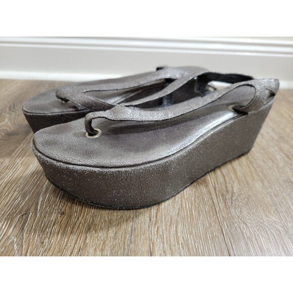 Rick Owens Metallic Silver Leather Sandals Wedges Thong Shoes Womens 36.5 (6 US)